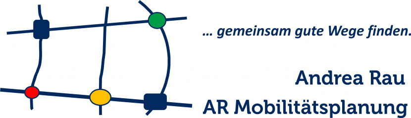 Bürologo Andrea Rau. Das Logo zeigt eine Netzstruktur (stellvertretend für ÖPNV, Rad-Fußverkehr, Beteiligungsverfahren, ...). Das Büromotto lautet: ... gemeinsam gute Wege finden.