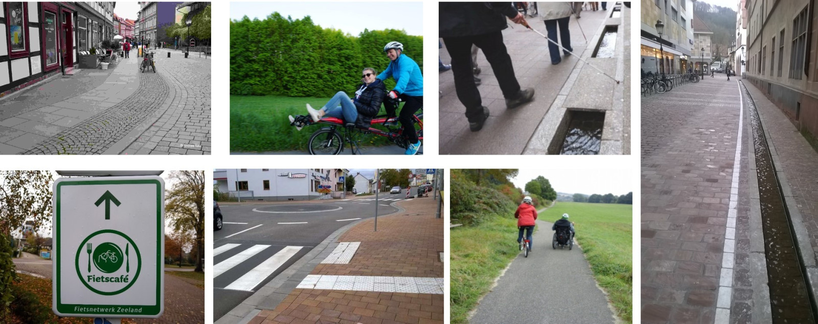 Impressionen barrierefreier Strecken und Stadträume, Streckenprüfungen mit Tandem und Handbike, Nachrüstung im Bestand: Leitlinien & Rollgassen (Glättung)